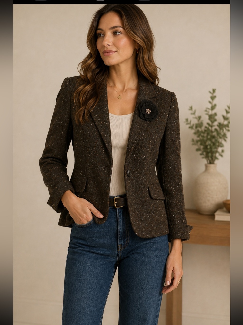 Daisy Fuentes Brown Tweed Single-Button Blazer